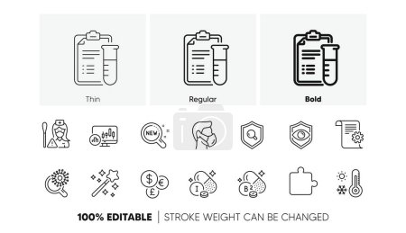 Medical mask, Iodine mineral and Puzzle line icons. Pack of Weather thermometer, Coronavirus research, New products icon. Medical analyzes, Magic wand, Inspect pictogram. Nurse. Line icons. Vector