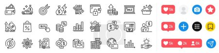 Illustration for Cashback card, Target and Cash transit line icons pack. Social media icons. Graph chart, Wallet, Atm web icon. Buy button, Money tax, Fuel price pictogram. Money, Loyalty points, Diagram graph. Vector - Royalty Free Image