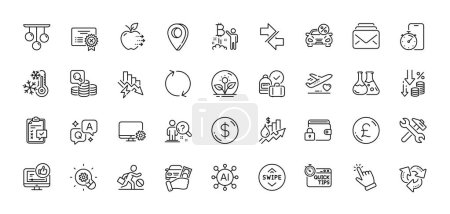 Illustration for Like video, Saving electricity and Recycle line icons pack. AI, Question and Answer, Map pin icons. Deflation, Inspect, Swipe up web icon. Medical flight, Incubator, Dollar money pictogram. Vector - Royalty Free Image