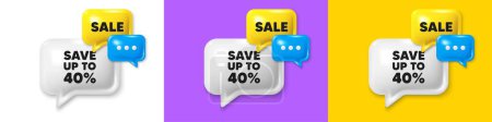 Illustration for Chat speech bubble 3d icons. Save up to 40 percent. Discount Sale offer price sign. Special offer symbol. Discount chat text box. Speech bubble banner. Offer box balloon. Vector - Royalty Free Image