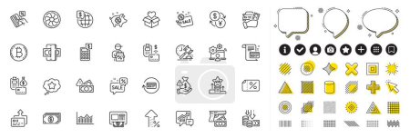Set of Discount banner, Sale and Deflation line icons for web app. Design elements, Social media icons. Rent car, Currency exchange, Refund commission icons. Vector