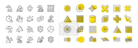 Illustration for Safety umbrella, Iceberg threat and dice gambling set. Design shape elements. Risk management line icons. Reduce finance, win chance and maze labyrinth line icons. Vector - Royalty Free Image
