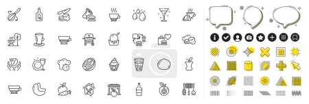 Illustration for Set of Potato chips, Supply chain and Cashew nut line icons for web app. Design elements, Social media icons. Cake, Food delivery, Cooking whisk icons. Ice tea, Ice cream, Market signs. Vector - Royalty Free Image