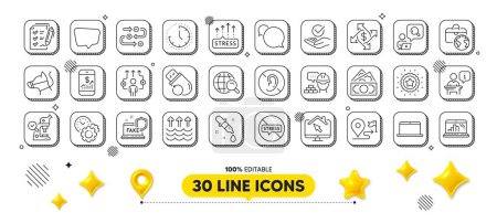 Illustration for Business way, Global business and Time line icons pack. 3d design elements. Stress grows, Journey, Chemistry pipette web icon. Inspect, Time management, Mobile finance pictogram. Vector - Royalty Free Image