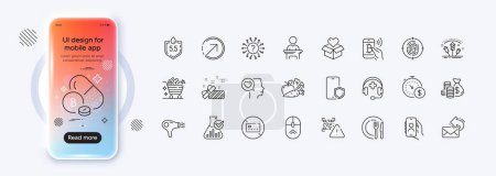 Bitcoin pay, Vegetables and Fireworks rocket line icons for web app. Phone mockup gradient screen. Pack of Boron mineral, Last minute, Donation pictogram icons. Vector