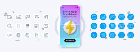 Illustration for Touch screen, Phone protection and Wallet line icons. Phone mockup with 3d energy icon. Pack of Vip internet, Download photo, 5g internet icon. Card, Smartphone, Bitcoin atm pictogram. Vector - Royalty Free Image