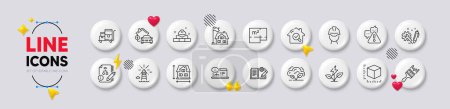 Illustration for Algorithm, Engineering documentation and Building line icons. White buttons 3d icons. Pack of Lighthouse, Package size, Foreman icon. Brush, Eco power, Inventory cart pictogram. Vector - Royalty Free Image