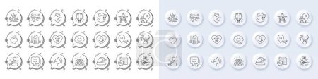 Kiss me, Journey and Dog leash line icons. White pin 3d buttons, chat bubbles icons. Pack of Creative idea, Airplane travel, Gift icon. Pillow, Boat, Smile face pictogram. Vector