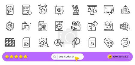 Illustration for Internet report, Ceiling lamp and Update comments line icons for web app. Pack of Storage, Ranking star, Puzzle pictogram icons. Best manager, Money change, Microscope signs. Confirmed. Vector - Royalty Free Image