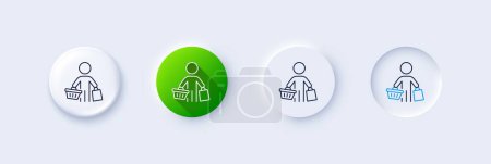 Illustration for Buyer with shopping cart line icon. Neumorphic, Green gradient, 3d pin buttons. Customer with bags sign. Supermarket client symbol. Line icons. Neumorphic buttons with outline signs. Vector - Royalty Free Image