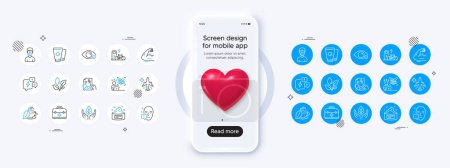 Phone mockup with 3d heart icon. Fair trade, Medical mask and Skin cream line icons. Pack of Plants watering, Difficult stress, Prescription drugs icon. Vector