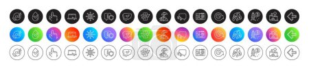 Left arrow, Approved and Co2 gas line icons. Round icon gradient buttons. Pack of Dermatologically tested, Bitcoin project, Risk management icon. Update time, Portable computer, Gps pictogram. Vector