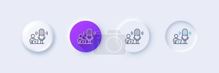 Podcast line icon. Neumorphic, Purple gradient, 3d pin buttons. Studio mic sign. Voice record microphone symbol. Line icons. Neumorphic buttons with outline signs. Vector
