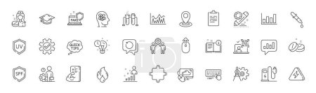 Illustration for Report diagram, Chemistry beaker and Graduation cap line icons. Pack of Inspect, Nurse, Cogwheel dividers icon. Cloud computing, Chemistry pipette, Puzzle pictogram. Uv protection. Line icons. Vector - Royalty Free Image