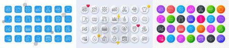 Illustration for Heart, Market location and Survey results line icons. Square, Gradient, Pin 3d buttons. AI, QA and map pin icons. Pack of Smile chat, T-shirt, Mattress icon. Vector - Royalty Free Image