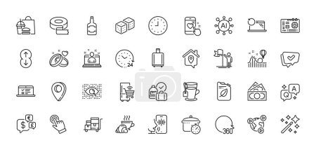 Illustration for Video conference, Adhesive tape and Tea line icons pack. AI, Question and Answer, Map pin icons. Cursor, Clock, Approved web icon. Inventory cart, Canister, Web lectures pictogram. Vector - Royalty Free Image
