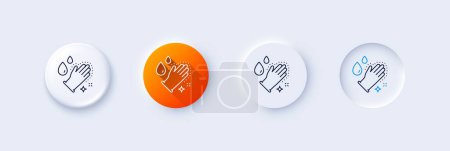 Ilustración de Lavarse las manos icono de línea. Neumorfa, gradiente naranja, botones de pin 3d. Señal de limpieza sanitaria. Guantes limpios. Iconos de línea. Botones neumórficos con signos de contorno. Vector - Imagen libre de derechos