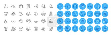 Téléchargez les illustrations : Vanadium mineral, Cough and Skin care line icons pack. Medical mask, Coronavirus pills, Do not touch web icon. Sun protection, Dont touch, Medical support pictogram. Fever, Vaccination. Vector - en licence libre de droit