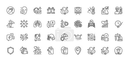 Conjunto de iconos de escudo, coronavirus y máscara médica. AI, Pregunta y Respuesta, Iconos de pin de mapa. Covid test, Termómetro, Difícil estrés icono de la web. Vector