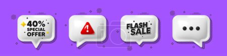 Illustration for Offer speech bubble 3d icons. 40 percent discount offer tag. Sale price promo sign. Special offer symbol. Discount chat offer. Flash sale, danger alert. Text box balloon. Vector - Royalty Free Image