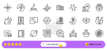 Illustration for Fire energy, Electric energy and Square area line icons for web app. Pack of Lounge place, Package location, Open door pictogram icons. Paint roller, Charge battery, Power signs. Search bar. Vector - Royalty Free Image