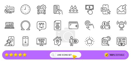 Illustration for Phone image, Omega and Clock line icons for web app. Pack of Open mail, Microphone, Cogwheel pictogram icons. Auction, Web call, Notification bubble signs. Payment click, Star, Currency rate. Vector - Royalty Free Image