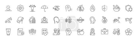 Illustration for Dumbbells workout, Telemedicine and Gluten free line icons. Pack of Organic tested, Cough, Head icon. Depression treatment, Medical mask, Sun protection pictogram. Sunscreen, Vaccination. Vector - Royalty Free Image