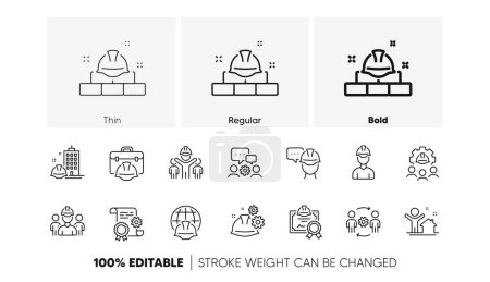 Technical documentation, Teamwork and People. Engineering line icons set. Blueprint with gear, engineer and construction helmet set icons. Technician, industrial people, engineering process. Vector