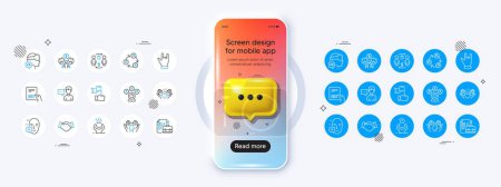 Phone mockup with 3d chat icon. Person talk, Handshake and Video conference line icons. Pack of Augmented reality, Face declined, Leadership icon. Safe water, Teamwork, Vacancy pictogram. Vector