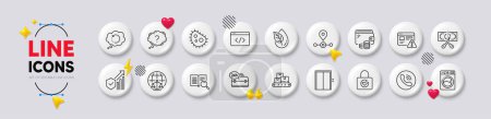 Seo script, Internet warning and Lift line icons. White buttons 3d icons. Pack of Washing machine, Search text, Magistrates court icon. Password encryption, Cut tax, Wholesale goods pictogram. Vector