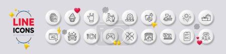 Bitcoin project, Teamwork and Squad line icons. White buttons 3d icons. Pack of Cake, Horns hand, Gifts icon. Report document, Lock, Vip clients pictogram. Statistics timer, Fireworks, Market. Vector