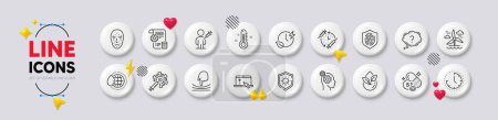 Thermometer, Thoughts and Face biometrics line icons. White buttons 3d icons. Pack of Windmill, World water, Fingerprint icon. Coronavirus vaccine, Charging time, Settings blueprint pictogram. Vector