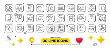 Illustration for Mail app, Customisation and Chemistry lab line icons pack. 3d design elements. Food delivery, Seo target, Photo edit web icon. Scroll down, Development plan, 360 degrees pictogram. Vector - Royalty Free Image