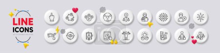 Illustration for Dumbbells workout, Woman read and Buyer line icons. White buttons 3d icons. Pack of Inclusion, Feminism, Video conference icon. Swipe up, Remove account, Teamwork pictogram. Vector - Royalty Free Image