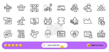 Accounting, Fraud and Pets care line icons for web app. Pack of Voicemail, Arena, Internet document pictogram icons. Capsule pill, Equality, Businessman run signs. Monitor repair. Search bar. Vector
