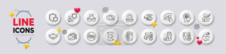 Illustration for Stop stress, Best glasses and Vegetables line icons. White buttons 3d icons. Pack of Farsightedness, Sick man, Shields icon. Fever, Medical helicopter, Medical drugs pictogram. Vector - Royalty Free Image