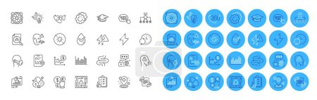 Illustration for Cough, Restructuring and Marketing line icons pack. Graduation cap, Maze attention, Biometric security web icon. Update time, Analytics graph, Report document pictogram. Energy. Vector - Royalty Free Image