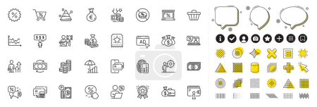 Set of Money, Phone pay and Inflation line icons for web app. Design elements, Social media icons. Money bag, Loyalty ticket, Check investment icons. Coins, Wallet, Card signs. Vector
