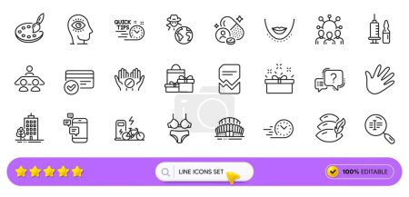 Illustration for Fraud, Shopping and Medical vaccination line icons for web app. Pack of Interview job, Search text, Lingerie pictogram icons. Palette, Corrupted file, Medical tablet signs. Electric bike. Vector - Royalty Free Image