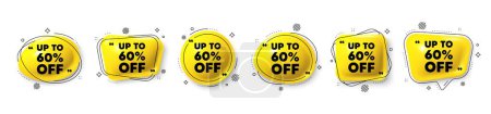 Illustration for Up to 60 percent off sale. Speech bubble 3d icons set. Discount offer price sign. Special offer symbol. Save 60 percentages. Discount tag chat talk message. Speech bubble banners with comma. Vector - Royalty Free Image