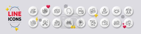 Illustration for Report, Brand and Video conference line icons. White buttons 3d icons. Pack of Queue, Lightweight, Baby carriage icon. Social responsibility, Puzzle, Handshake pictogram. Vector - Royalty Free Image
