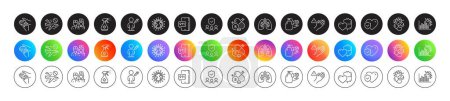 Illustration for Coronavirus pills, Boron mineral and People vaccination line icons. Round icon gradient buttons. Pack of Volunteer, Medical cleaning, Coronavirus icon. Vector - Royalty Free Image