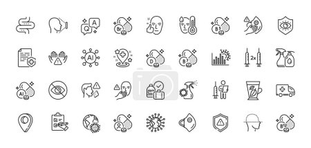 Pantothenic acid, Ambulance emergency and Coronavirus pandemic line icons pack. AI, Question and Answer, Map pin icons. Cobalamin vitamin, Face id, Fever web icon. Vector