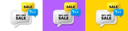 Chat speech bubble 3d icons. Sale 30 percent off discount. Promotion price offer sign. Retail badge symbol. Sale chat text box. Speech bubble banner. Offer box balloon. Vector