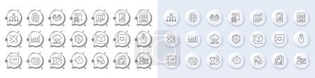 Report, Augmented reality and Ssd line icons. White pin 3d buttons, chat bubbles icons. Pack of Blood donation, Restructuring, Fingerprint icon. Sick man, Timer, Certificate pictogram. Vector