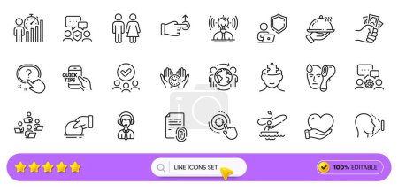 Drag drop, Electronic thermometer and Shield line icons for web app. Pack of Safe time, Teamwork, Business statistics pictogram icons. Security agency, Brand, Global business signs. Search bar. Vector