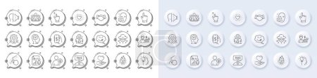 Face accepted, Swipe up and User idea line icons. White pin 3d buttons, chat bubbles icons. Pack of Business growth, Business report, Idea icon. Teamwork, Fraud, Cursor pictogram. Vector