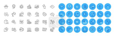 Candlestick chart, Money tax and Packing boxes line icons pack. Calendar, Artificial intelligence, English web icon. Touchscreen gesture, Dating app, Car rental pictogram. Color icon buttons. Vector