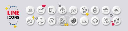 Headphones, Checkbox and Niacin line icons. White buttons 3d icons. Pack of Love heart, No hearing, Packing boxes icon. Alarm, Calendar time, Cogwheel pictogram. Vector