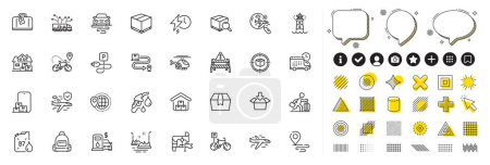 Set of Charging time, Truck delivery and Filling station line icons for web app. Design elements, Social media icons. Package box, Airplane, Backpack icons. Vector